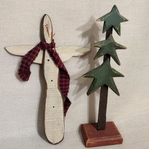 VTG Tender Hearts Wood Carved Star Tree & Rustic Wooden Snowman Angel (Set)